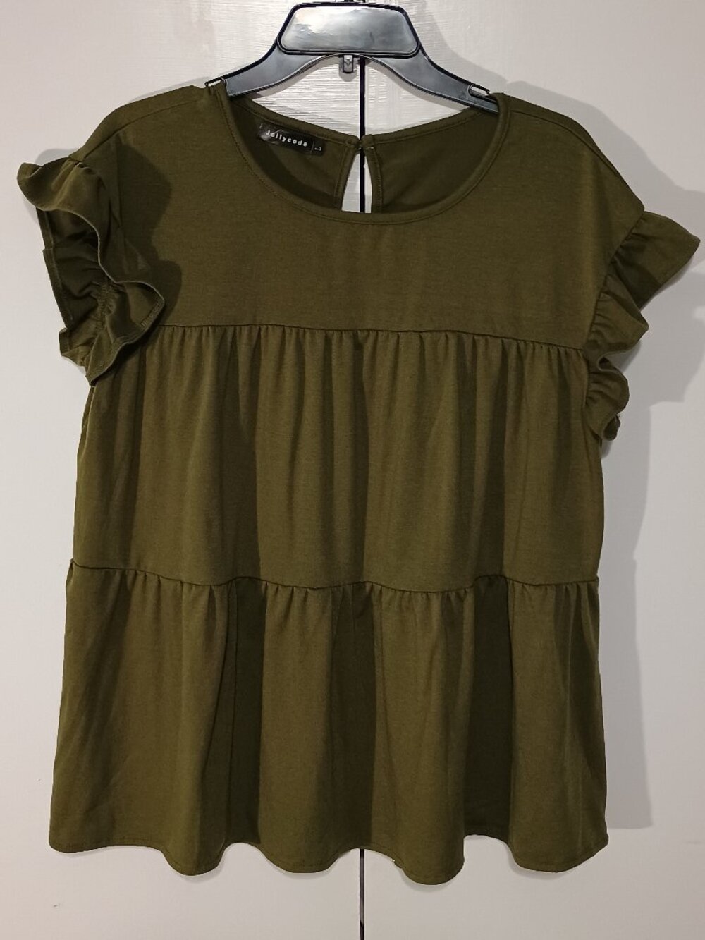 Jollycode Olive Green Ruffle Sleeve Babydoll Top Size S Tiered Peplum Flutter Sl - Picture 2 of 7